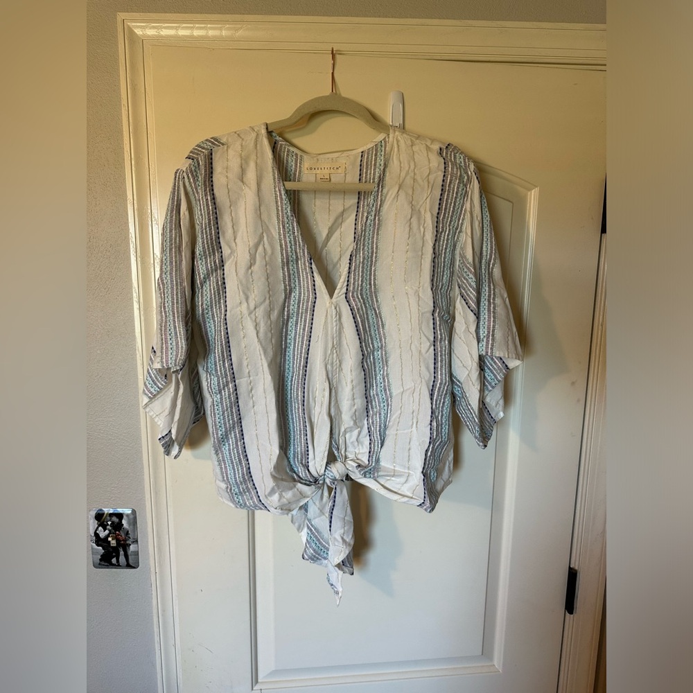 Love Stitch White Striped Tie-Front Women's Top